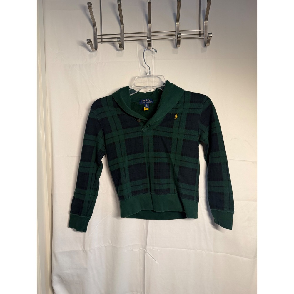 Polo Ralph Lauren Boys Blackwatch Plaid Shawl Collar Sweatshirt Green Blue 8